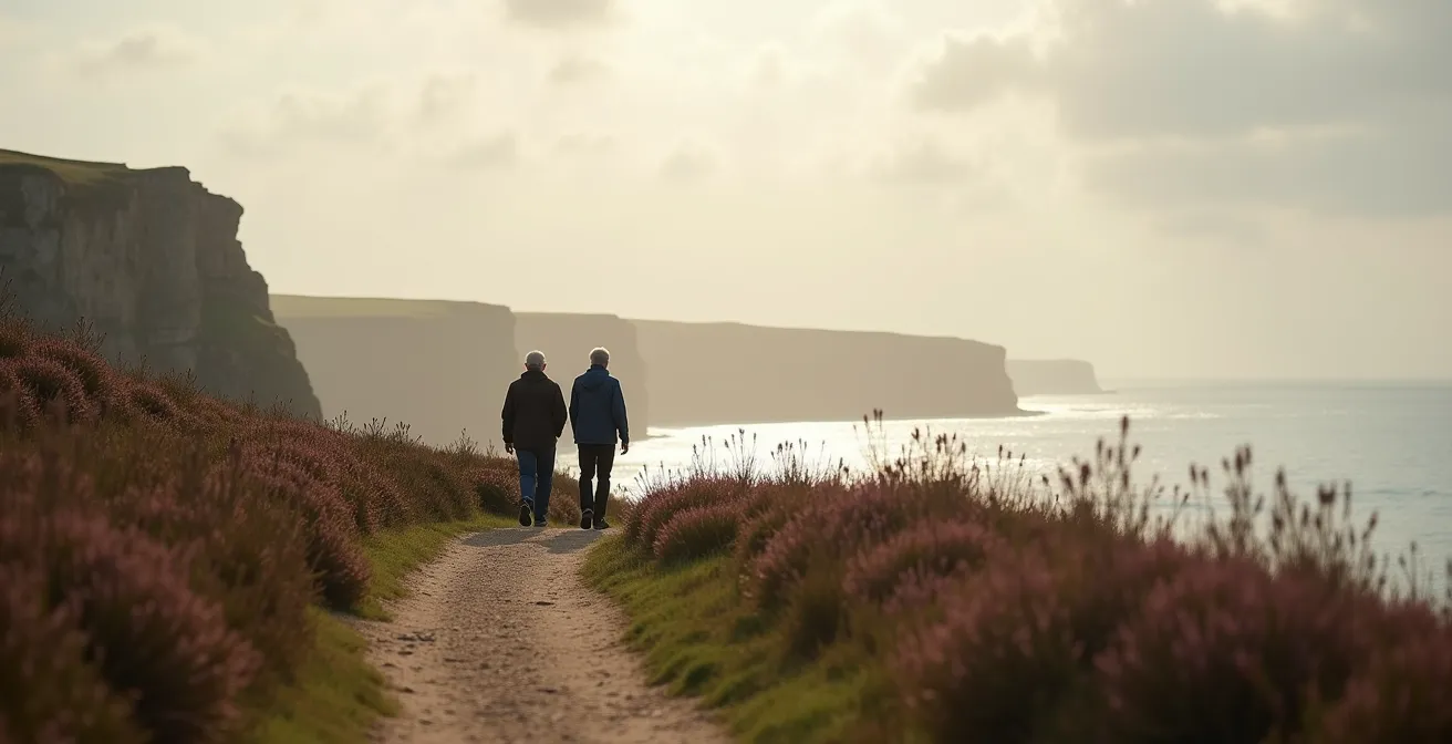 Seniors marchant sur un sentier côtier breton avec vue panoramique