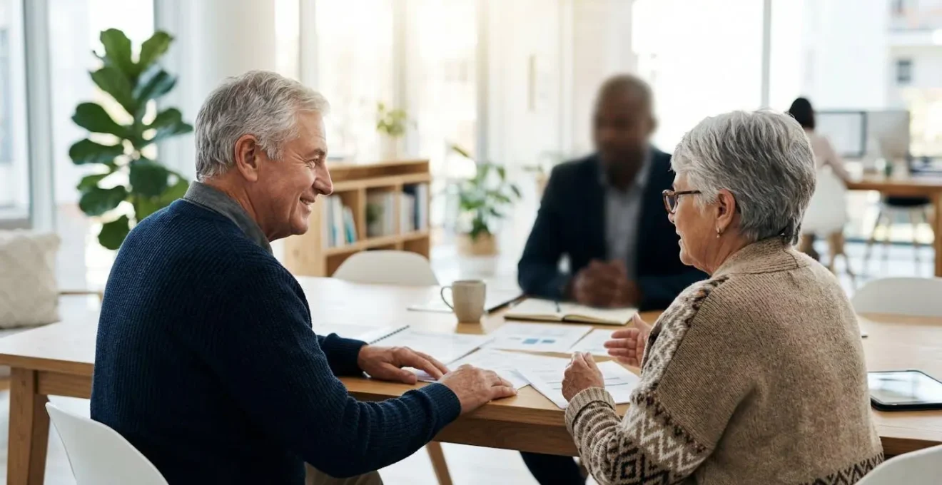 Couple senior en conversation avec une silhouette floue de conseiller dans un bureau lumineux, documents sur la table, atmosphère professionnelle mais détendue