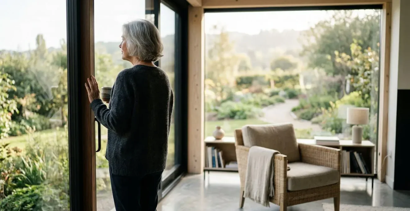 Femme senior de profil regardant par une fenêtre lumineuse, moment de réflexion dans un intérieur moderne et épuré aux teintes naturelles