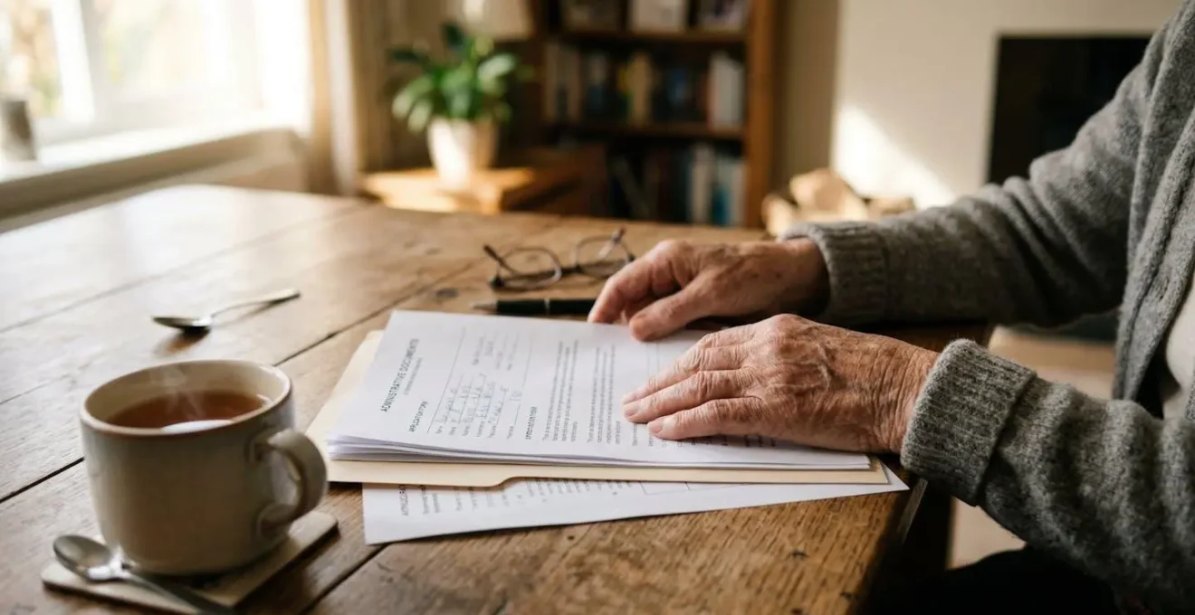 Mains ridées tenant des documents administratifs sur une table en bois, avec une tasse de thé à côté, dans une ambiance lumineuse et rassurante