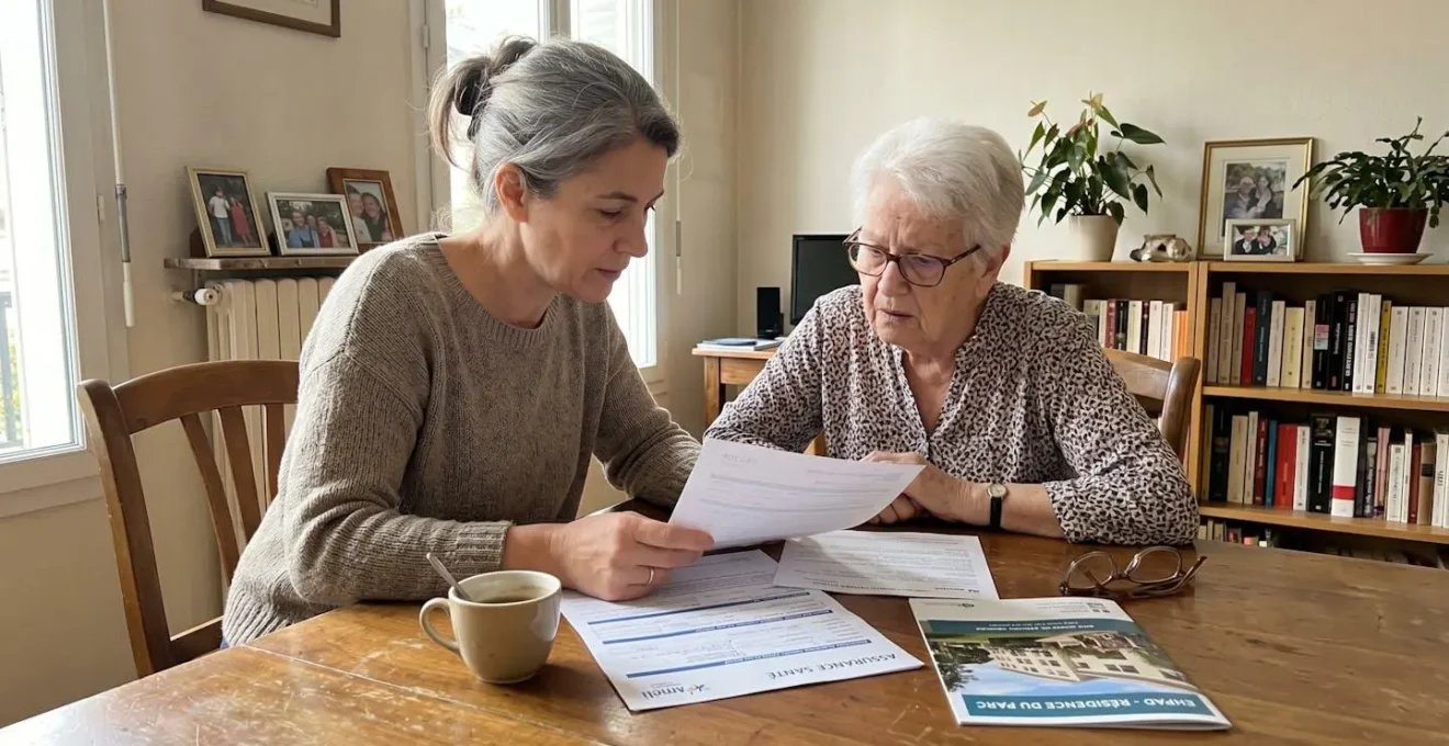 Une femme d'âge mûr et sa mère âgée consultent ensemble des documents de mutuelle et brochures EHPAD sur une table
