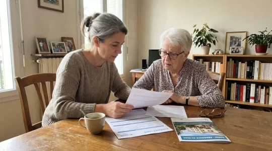 Une femme d'âge mûr et sa mère âgée consultent ensemble des documents de mutuelle et brochures EHPAD sur une table