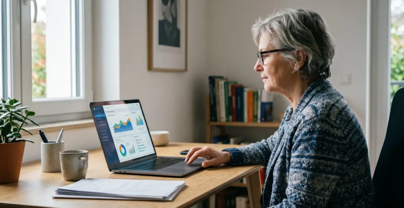 Une femme senior consulte un tableur financier sur son ordinateur portable dans son bureau à domicile, lumière naturelle
