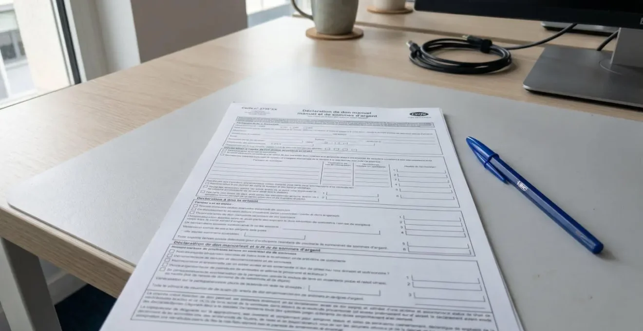 Gros plan sur un formulaire fiscal de déclaration de donation posé sur un bureau avec un stylo, éclairage naturel