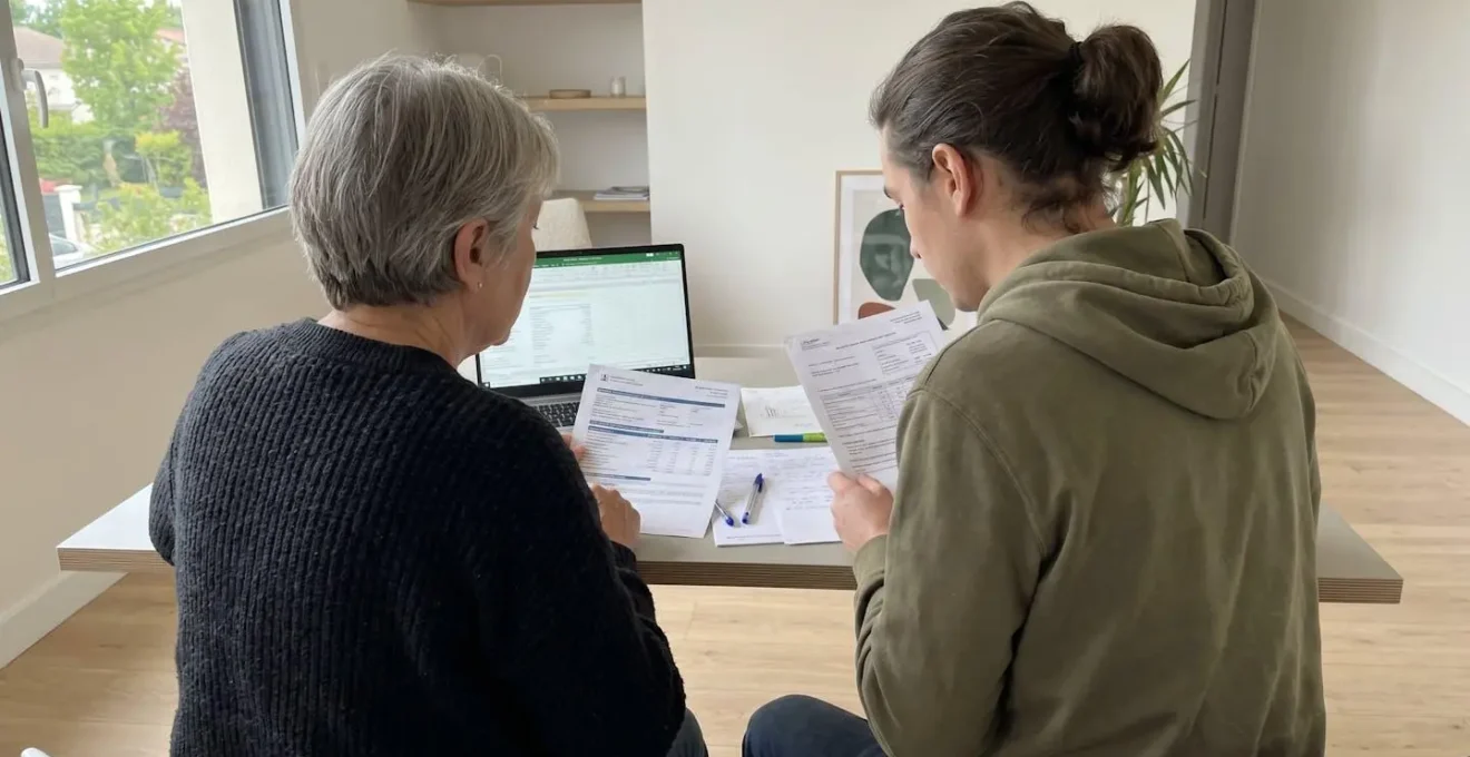 Une mère et son enfant adulte consultent ensemble des documents patrimoniaux sur une table, vus de dos dans un intérieur résidentiel lumineux