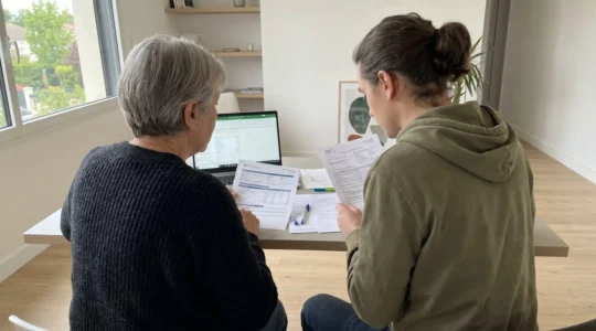 Une mère et son enfant adulte consultent ensemble des documents patrimoniaux sur une table, vus de dos dans un intérieur résidentiel lumineux