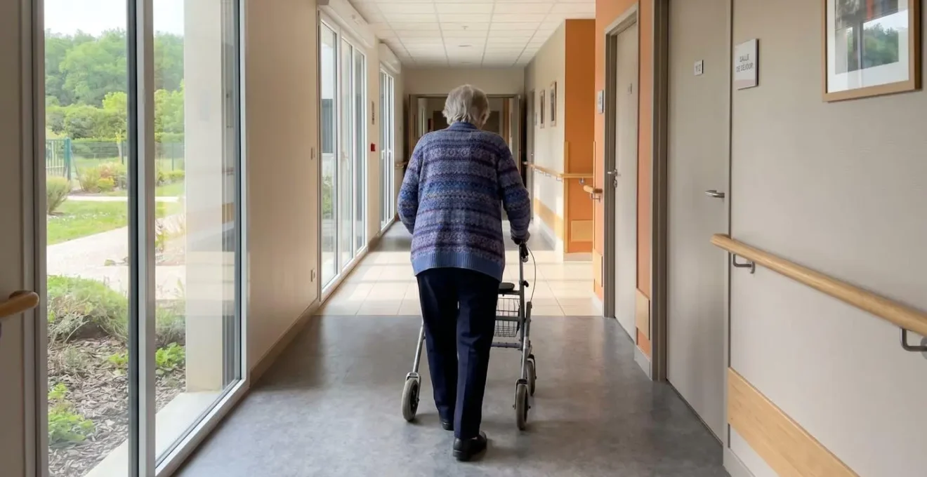 Personne âgée de dos utilisant un déambulateur dans un couloir lumineux d'établissement médicalisé