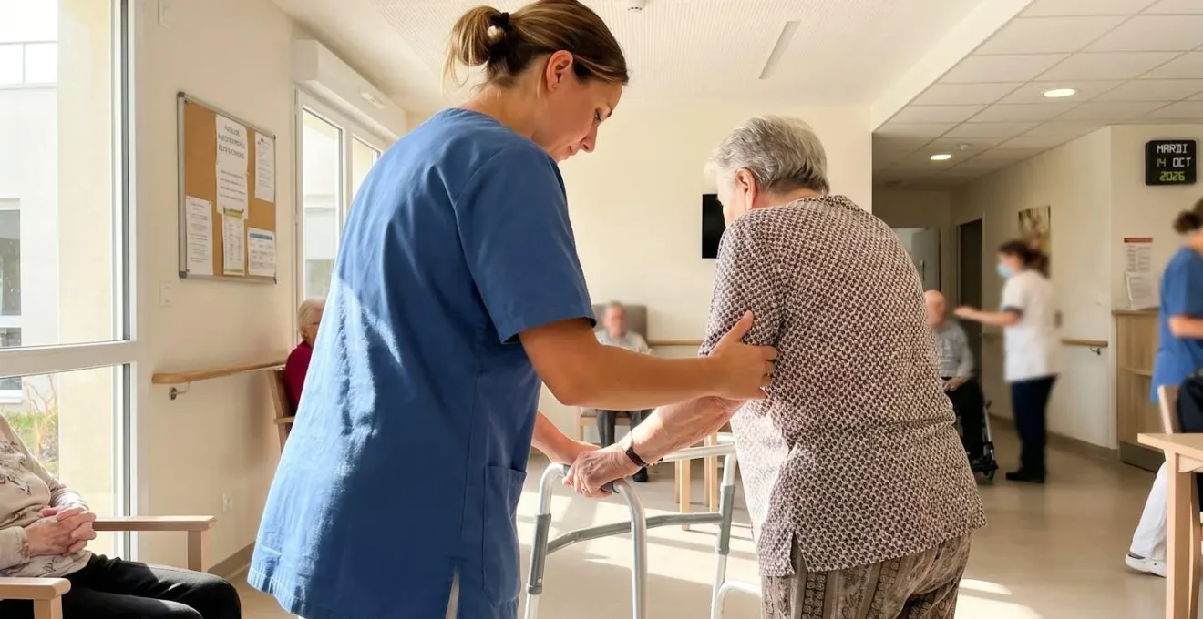 Une aide-soignante de profil accompagne une résidente âgée avec déambulateur dans une salle commune lumineuse d