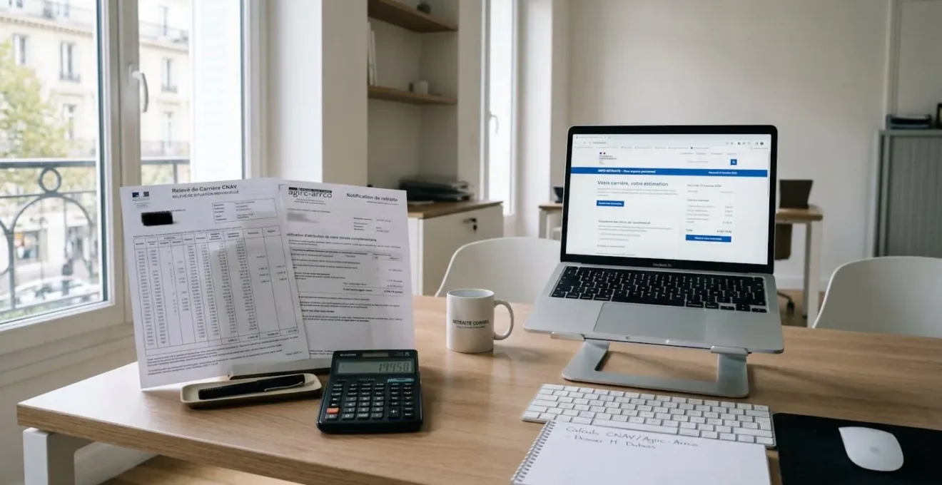 Bureau de conseiller retraite avec documents officiels CNAV et Agirc-Arrco, calculatrice et ordinateur affichant le site info-retraite.fr dans un environnement professionnel contemporain