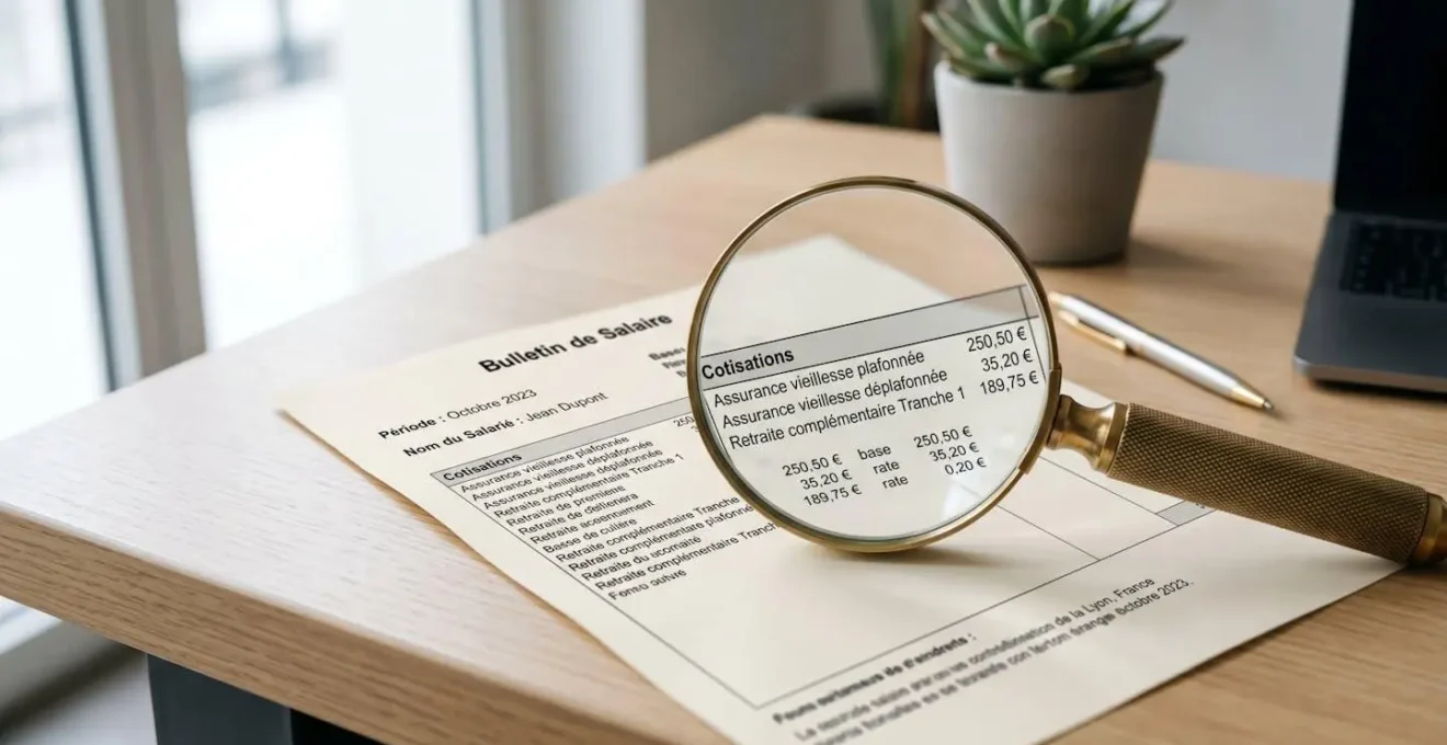 Gros plan sur un bulletin de salaire français avec loupe positionnée sur la section cotisations retraite mettant en évidence les lignes assurance vieillesse et retraite complémentaire