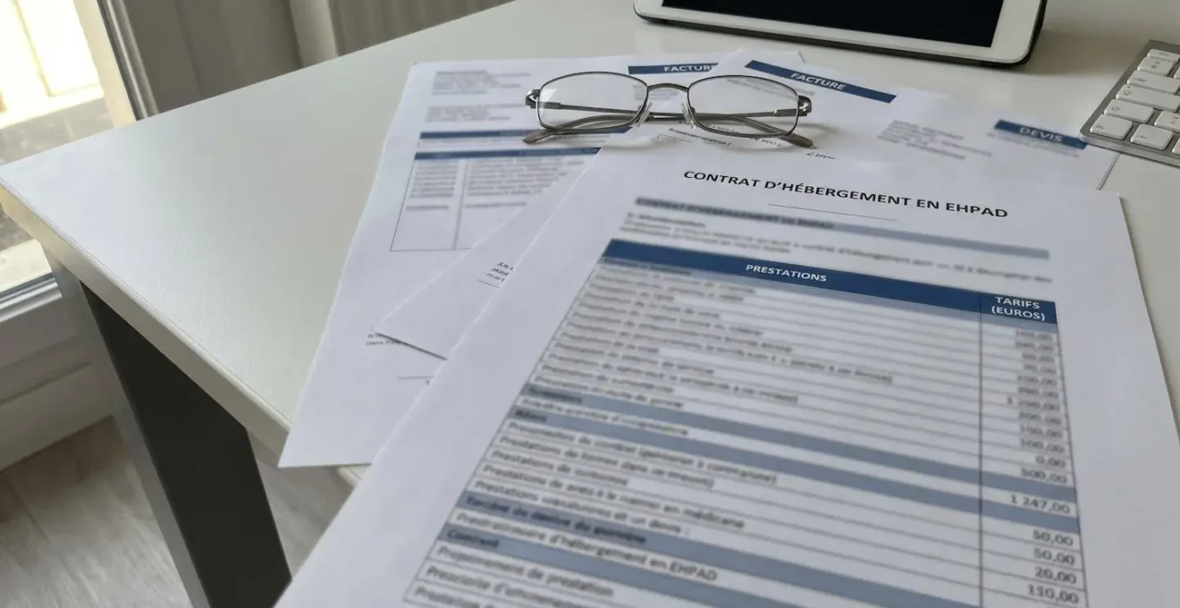 Gros plan de documents administratifs EHPAD avec lignes tarifaires et paires de lunettes posées sur le contrat, texte rendu illisible
