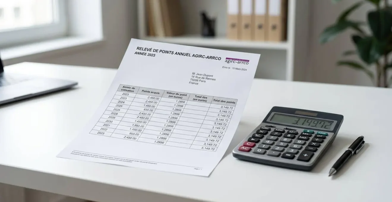 Relevé de points annuel Agirc-Arrco posé sur bureau avec calculatrice montrant les colonnes points acquis et valeur du point