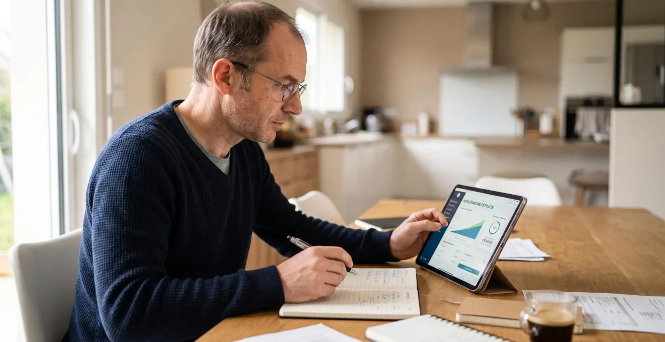 Un homme d'une quarantaine d'années consulte son compte épargne retraite sur une tablette à son domicile, prenant des notes dans un carnet